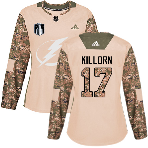 Adidas Tampa Bay Lightning #17 Alex Killorn Camo Authentic 2022 Stanley Cup Final Patch Women's Veterans Day Stitched Jersey Womens
