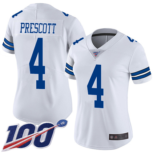Cowboys #4 Dak Prescott White Women's Stitched 100th Season Vapor Limited Jersey