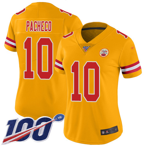 Chiefs #10 Isiah Pacheco Gold Women's Stitched Limited Inverted Legend 100th Season Jersey