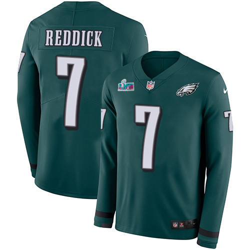 Eagles #7 Haason Reddick Green Team Color Super Bowl LVII Patch Men's Stitched Limited Therma Long Sleeve Jersey