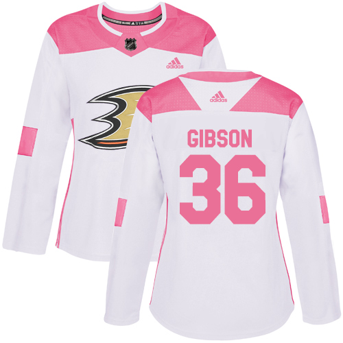 Adidas Anaheim Ducks #36 John Gibson White/Pink Authentic Fashion Women's Stitched Jersey Womens