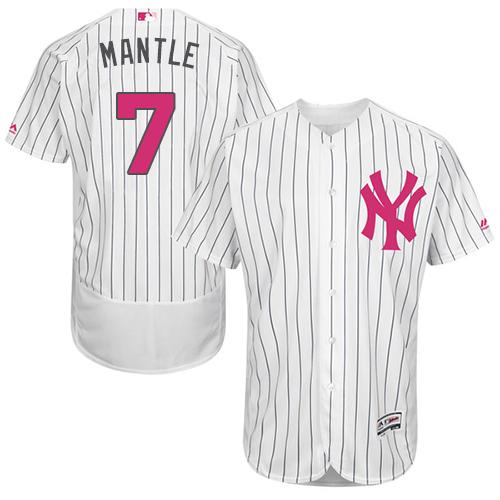 New York Yankees #7 Mickey Mantle White Strip Flexbase Authentic Collection Mother's Day Stitched Jersey Men's