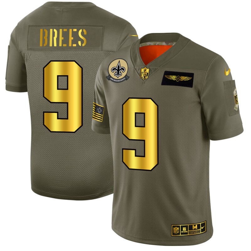 New Orleans Saints #9 Drew Brees Men's Olive Gold 2019 Salute To Service Limited Jersey