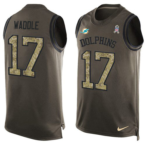 Dolphins #17 Jaylen Waddle Green Men's Stitched Limited Salute To Service Tank Top Jersey