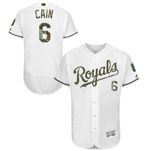 Kansas City Royals #6 Lorenzo Cain White Flexbase Authentic Collection Memorial Day Stitched Jersey Men's