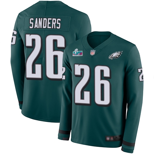 Eagles #26 Miles Sanders Green Super Bowl LVII Patch Team Color Men's Stitched Limited Therma Long Sleeve Jersey
