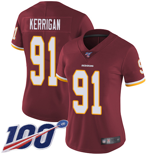 Washington Commanders #91 Ryan Kerrigan Burgundy Red Team Color Women's Stitched 100th Season Vapor Limited Jersey Womens
