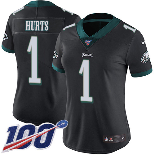 Eagles #1 Jalen Hurts Black Alternate Women's Stitched 100th Season Vapor Untouchable Limited Jersey