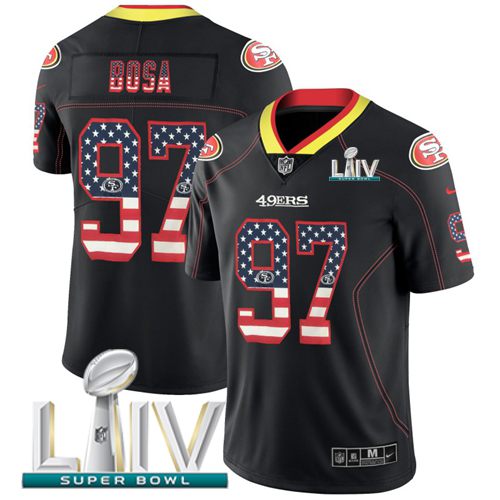 49ers #97 Nick Bosa Black Super Bowl LIV 2020 Men's Stitched Limited Rush USA Flag Jersey