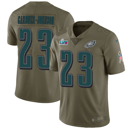 Eagles #23 C.J. Gardner-Johnson Olive Super Bowl LVII Patch Youth Stitched Limited 2017 Salute To Service Jersey