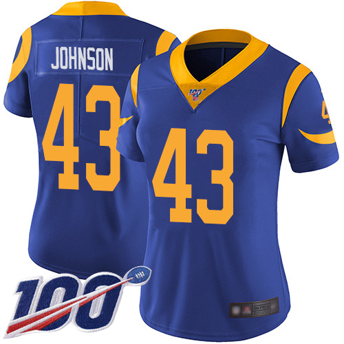 Los Angeles Rams #43 John Johnson Royal Blue Alternate Women's Stitched 100th Season Vapor Limited Jersey Womens