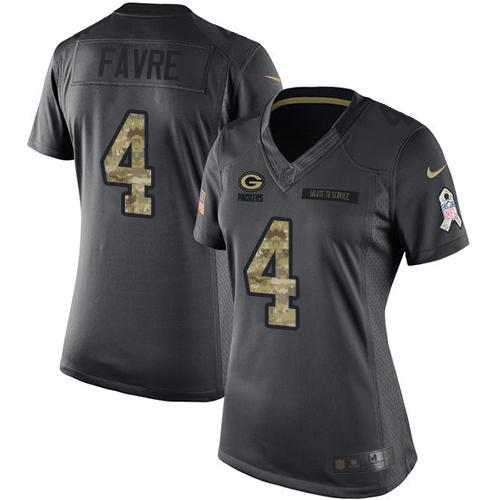 Green Bay Packers #4 Brett Favre Black Women's Stitched Limited 2016 Salute to Service Jersey Womens