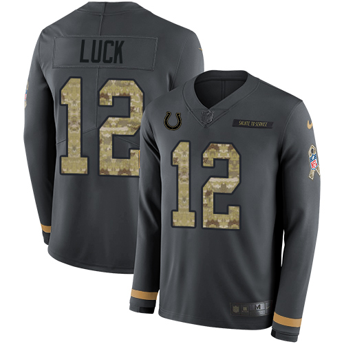 Indianapolis Colts #12 Andrew Luck Anthracite Salute to Service Youth Stitched Limited Therma Long Sleeve Jersey Youth