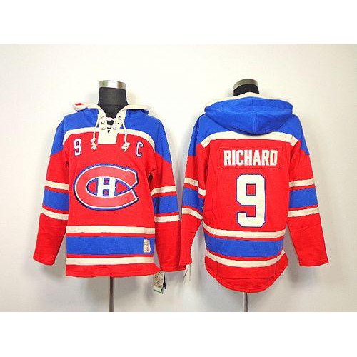 Montreal Canadiens #9 Maurice Richard Red Sawyer Hooded Sweatshirt Stitched Jersey Men's