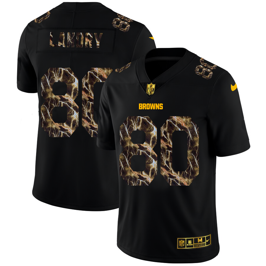 Cleveland Browns #80 Jarvis Landry Men's Black Flocked Lightning Vapor Limited Jersey