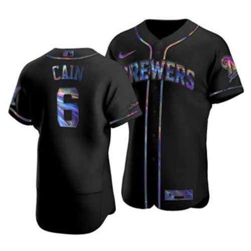 Milwaukee Milwaukee Brewers #6 Lorenzo Cain Men's Iridescent Holographic Collection Jersey - Black Men's