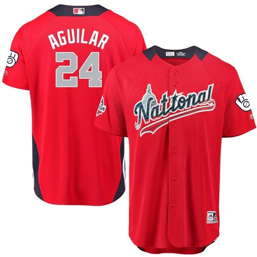 Milwaukee Brewers #24 Jesus Aguilar Red 2018 All-Star National League Stitched Jersey Men's