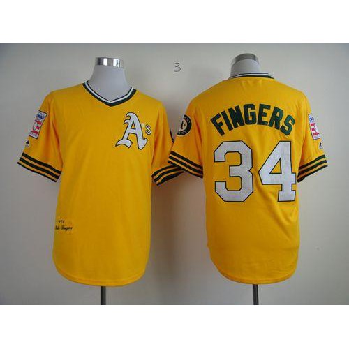 Mitchell And Ness Oakland Athletics #34 Rollie Fingers Yellow Throwback Stitched Jersey Men's