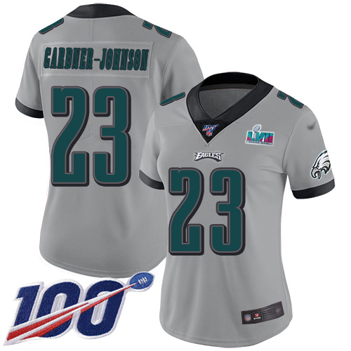 Eagles #23 C.J. Gardner-Johnson Silver Super Bowl LVII Patch Women's Stitched Limited Inverted Legend 100th Season Jersey
