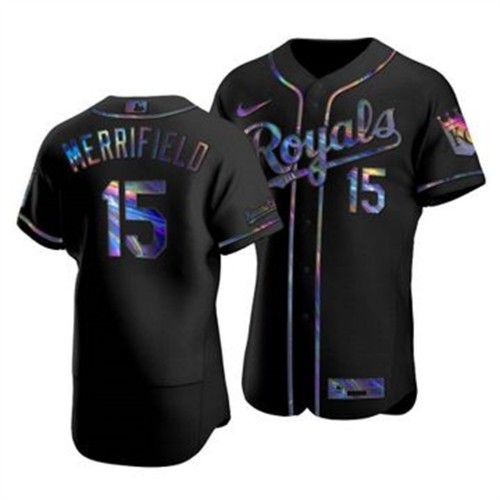 Kansas City Kansas City Royals #15 Whit Merrifield Men's Iridescent Holographic Collection Jersey - Black Men's