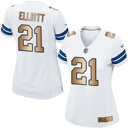 Cowboys #21 Ezekiel Elliott White Women's Stitched Elite Gold Jersey