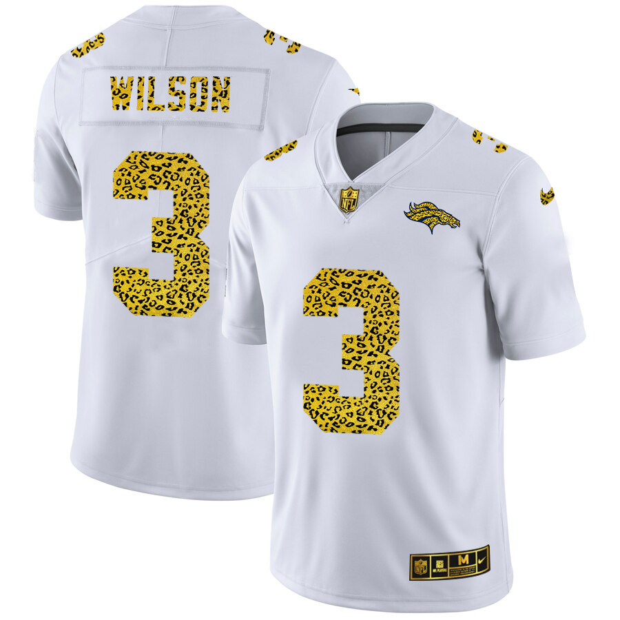 Denver Broncos #3 Russell Wilson Men's Flocked Leopard Print Vapor Limited Jersey White