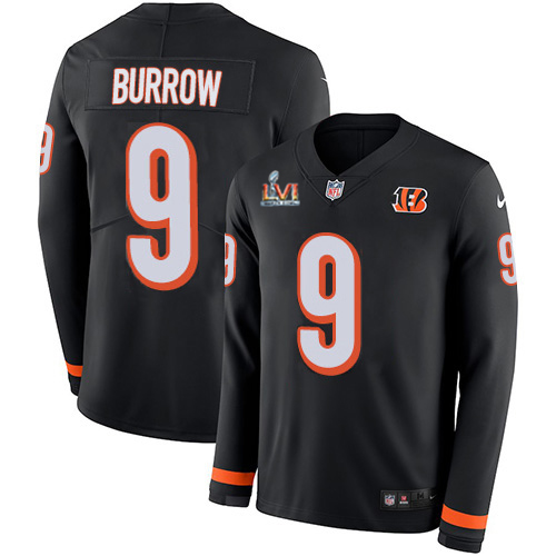 Bengals #9 Joe Burrow Black Team Color Super Bowl LVI Patch Youth Stitched Limited Therma Long Sleeve Jersey