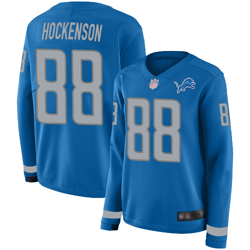 Detroit Lions #88 T.J. Hockenson Blue Team Color Women's Stitched Limited Therma Long Sleeve Jersey Womens