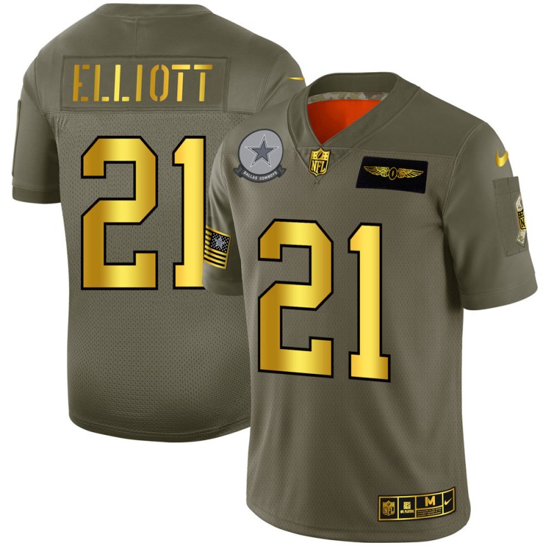 Dallas Cowboys #21 Ezekiel Elliott Men's Olive Gold 2019 Salute To Service Limited Jersey