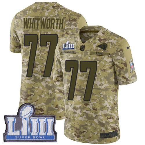 Los Angeles Rams #77 Andrew Whitworth Camo Super Bowl LIII Bound Youth Stitched Limited 2018 Salute to Service Jersey Youth