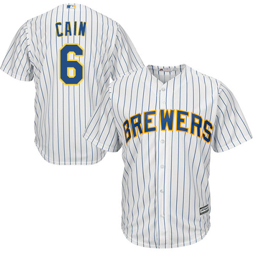 Milwaukee Brewers #6 Lorenzo Cain White Strip Cool Base Stitched Youth Jersey Youth