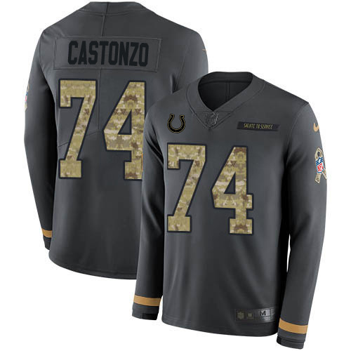 Indianapolis Colts #74 Anthony Castonzo Anthracite Salute to Service Youth Stitched Limited Therma Long Sleeve Jersey Youth
