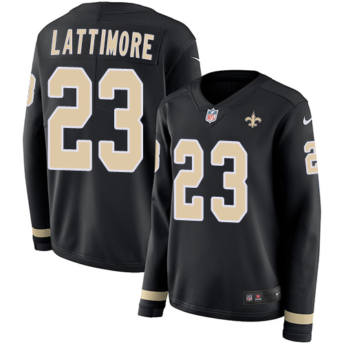 New Orleans Saints #23 Marshon Lattimore Black Team Color Women's Stitched Limited Therma Long Sleeve Jersey Womens