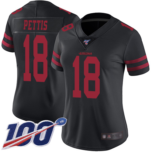 San Francisco 49ers #18 Dante Pettis Black Alternate Women's Stitched 100th Season Vapor Limited Jersey Womens