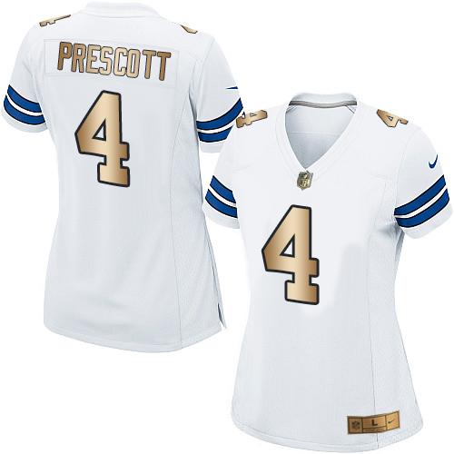 Cowboys #4 Dak Prescott White Women's Stitched Elite Gold Jersey