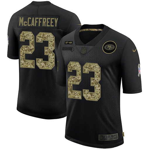 San Francisco 49ers #23 Christian McCaffrey Men's 2020 Salute To Service Camo Limited Jersey Black