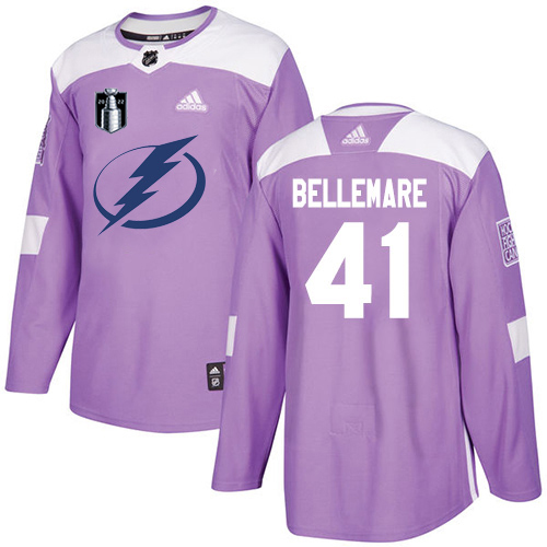 Adidas Tampa Bay Lightning #41 Pierre-Edouard Bellemare Purple Authentic 2022 Stanley Cup Final Patch Fights Cancer Stitched Youth Jersey Youth