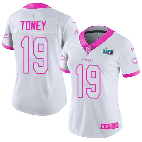 Chiefs #19 Kadarius Toney White/Pink Super Bowl LVII Patch Women's Stitched Limited Rush Fashion Jersey