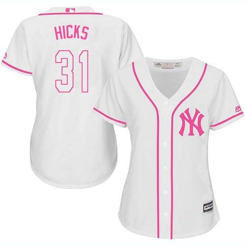 New York Yankees #31 Aaron Hicks White/Pink Fashion Women's Stitched Jersey Womens