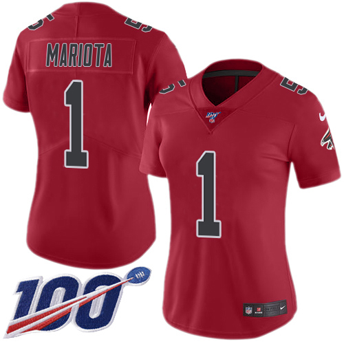 Falcons #1 Marcus Mariota Red Stitched Women's Limited Rush 100th Season Jersey