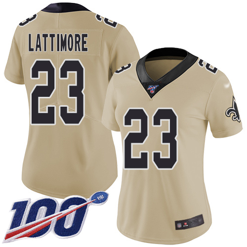 New Orleans Saints #23 Marshon Lattimore Gold Women's Stitched Limited Inverted Legend 100th Season Jersey Womens