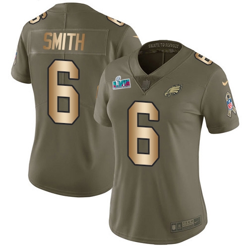 Eagles #6 DeVonta Smith Olive/Gold Super Bowl LVII Patch Women's Stitched Limited 2017 Salute To Service Jersey
