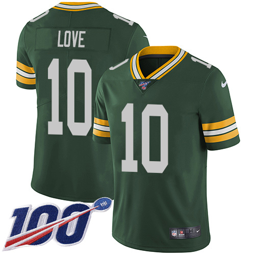 Packers #10 Jordan Love Green Team Color Youth Stitched 100th Season Vapor Untouchable Limited Jersey