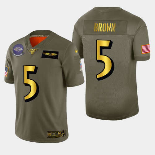Baltimore Baltimore Ravens #5 Marquise Brown Men's Olive Gold 2019 Salute to Service Limited 100 Jersey Men's