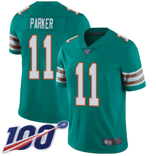 Miami Dolphins #11 DeVante Parker Aqua Green Alternate Men's Stitched 100th Season Vapor Limited Jersey Men's