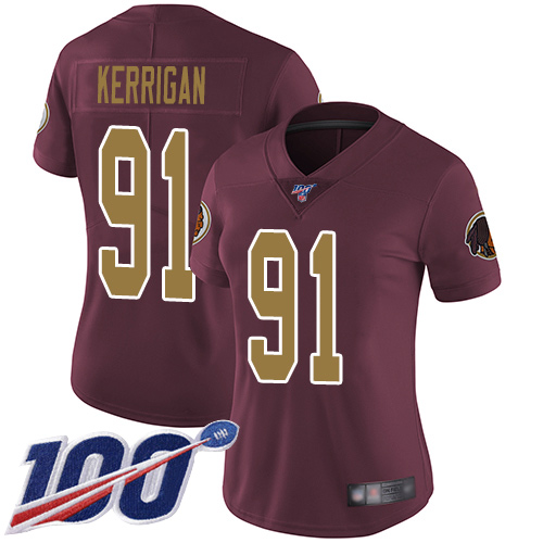 Washington Commanders #91 Ryan Kerrigan Burgundy Red Alternate Women's Stitched 100th Season Vapor Limited Jersey Womens