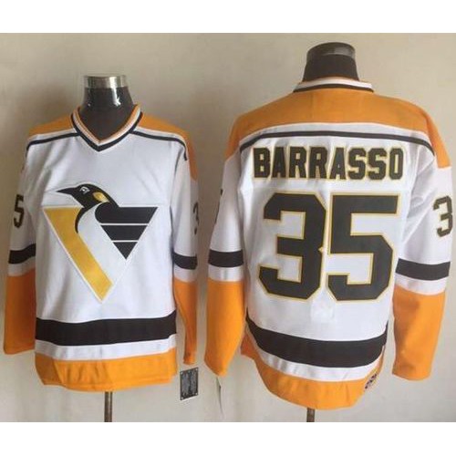 Pittsburgh Penguins #35 Tom Barrasso White/Yellow CCM Throwback Stitched Jersey Men's