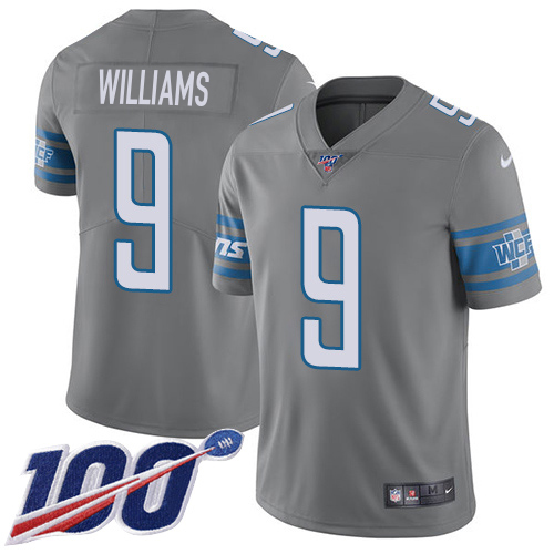Lions #9 Jameson Williams Gray Youth Stitched Limited Rush 100th Season Jersey