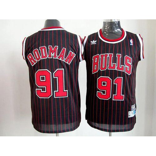 Chicago Bulls #91 Dennis Rodman Black With Red Strip Throwback Stitched Jersey Mens
