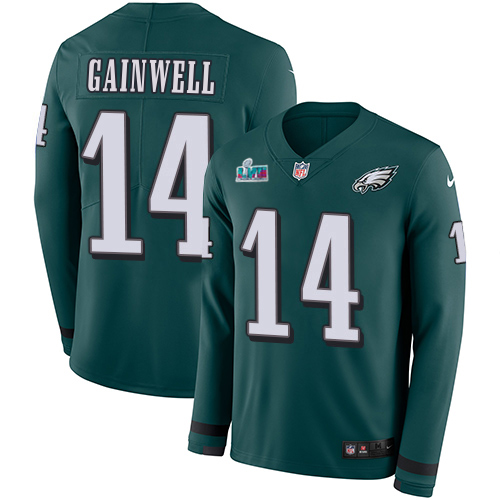 Eagles #14 Kenneth Gainwell Green Team Color Super Bowl LVII Patch Youth Stitched Limited Therma Long Sleeve Jersey